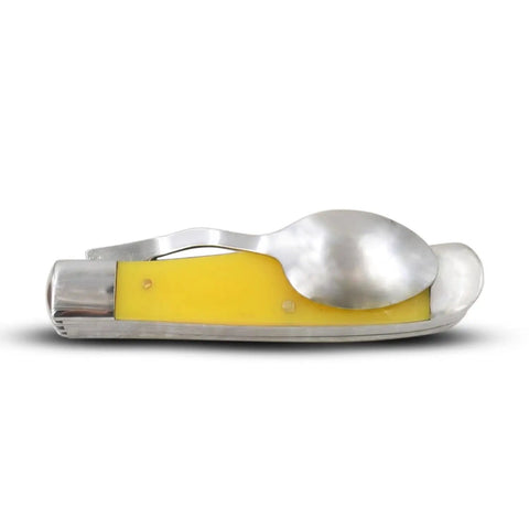Multipurpose Folding Pocket Knife With Integrated Fork Spoon And Bottle Opener Featuring A Rock Solid Stainless Steel Blade, yellow handle, compact design.