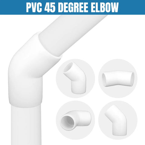 White PVC elbow showcasing various angles of Three Quarter Inch PVC Pipe Fittings 135 Degree Elbows Furniture Grade For DIYers Building Shelves.