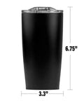 20 Oz Double Wall Vacuum Insulated Stainless Steel Tumbler With Slide Top Leakproof Lid shown with dimensions 6.75" height and 3.3" width.