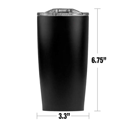 20 Oz Double Wall Vacuum Insulated Stainless Steel Tumbler With Slide Top Leakproof Lid shown with dimensions 6.75" height and 3.3" width.