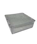 Transparent acrylic protective case for Trackman iO golf simulator, custom fit for secure ceiling-mount installation.