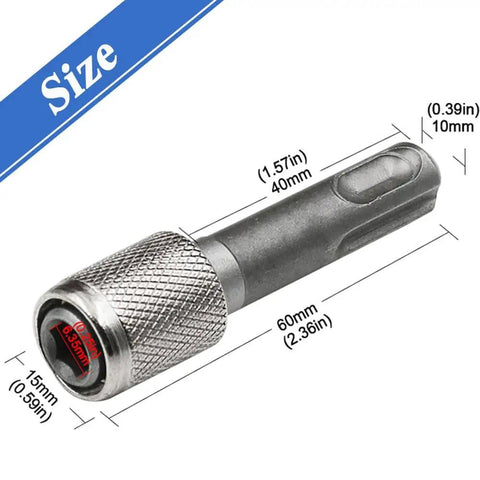 SDS Plus Drill Chuck Adapter to 6.35mm One Quarter Inch Hex Socket Converter shown with size dimensions, durable steel.