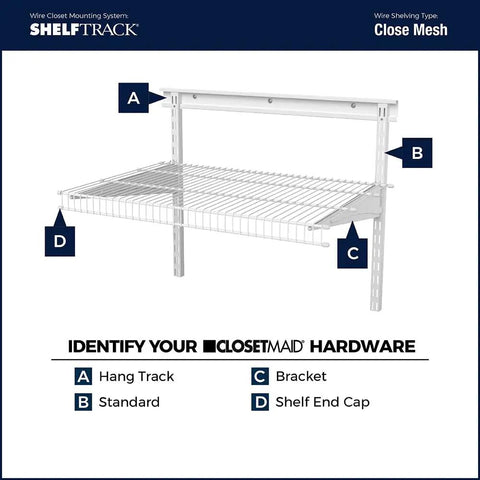 Diagram showing ClosetMaid ShelfTrack system with labels on hang track, shelf bracket, and end cap for wire shelving installation.