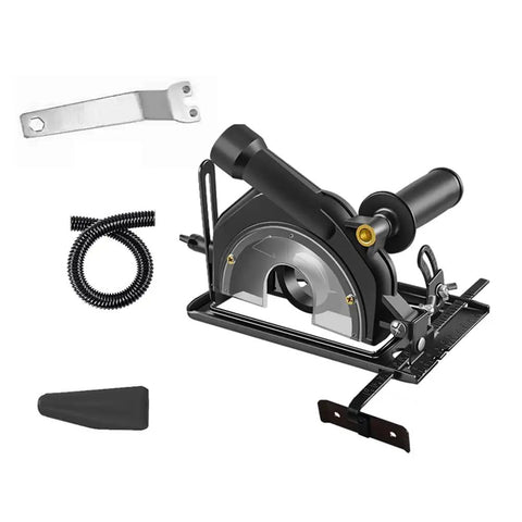 Heavy Duty Angle Grinder Bracket With Integrated Dust Collection System For Smooth Bevel Adjustments Up To Forty Five Degrees, compact design with accessories for cutting.