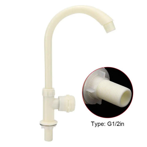 Maqulae ABS Plastic Kitchen Sink Faucet, G1/2in Single Cold Rotating, side view showcasing spout and connection details.