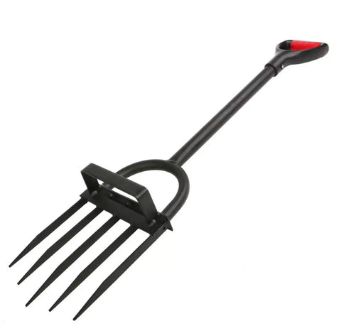 Heavy Duty 5 Tine Pitch Fork For Garden Work With Long Ergonomic T Handle Rust Resistant Stainless Steel Head Minimal Soil Adhesion