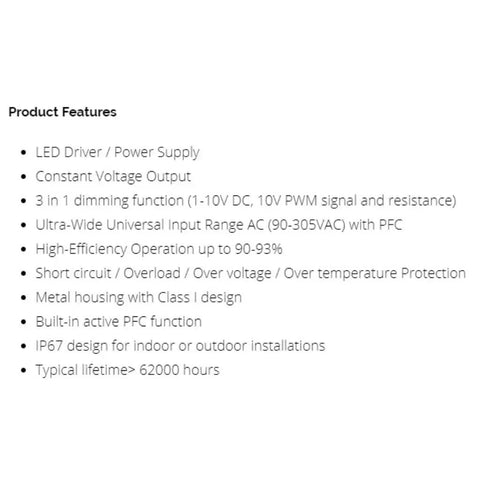 Text image listing features of the Beefy 320W 24V DC LED Driver Power Supply With Dual Mode CV And CC Output, Waterproof IP67.
