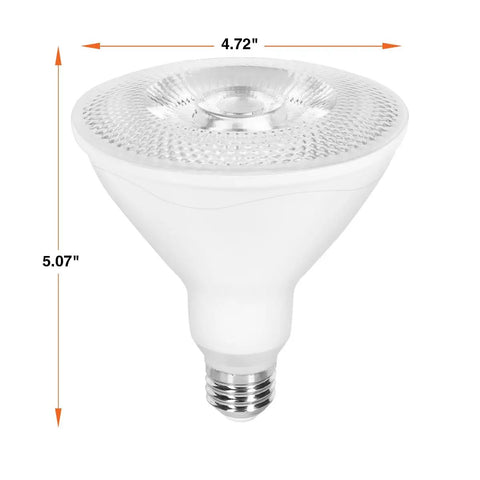 Beast Mode Bright PAR38 LED Bulb 25W Equivalent to 150W, 15 Degree Spot, Frosted Finish, with dimensions 4.72" x 5.07"