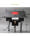 Rock Solid Heavy Duty Router Lift With Aluminum Table Insert Plate For Woodworking Shops 107 mm Plus 65 mm Rings, top view with dimensions.