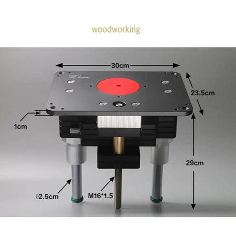 Rock Solid Heavy Duty Router Lift With Aluminum Table Insert Plate For Woodworking Shops 107 mm Plus 65 mm Rings, top view with dimensions.