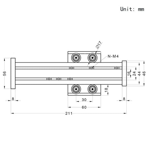 100mm Travel Linear Motion Guide With Sfu1605 Ball Screw And Nema23 Stepper Motor For DIY CNC Router X Y Z Actuators Heavy Load Support Up To 30kg Horizontal And 15kg Vertical 0 To 100mm Per Second dimension drawing with 211mm length and M4 mount holes