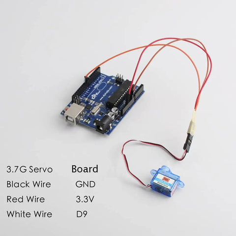 Ultra Light 3.7g Digital RC Servo GH-S37D wired to a board with black, red, and white wires