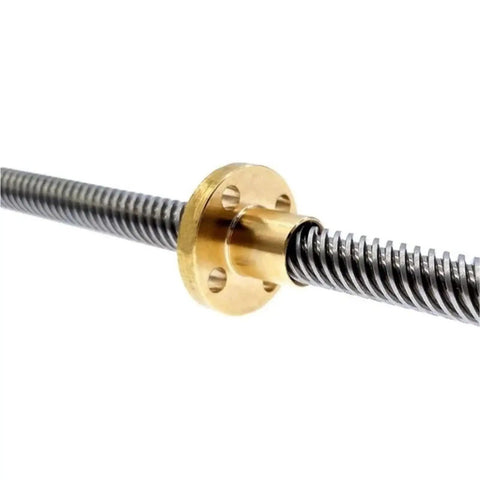 Close-up of Left Hand Thread T8 Lead Screw 2mm Pitch 8mm Diameter Trapezoidal Rod With Brass Nut For 3D Printer 304 Stainless Steel 100mm Length