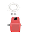 Haul Off Old Auto Fluids With This Super Cool 60W Portable Car Oil Pump featuring red body, flexible hoses, and clamps for efficient cooling.