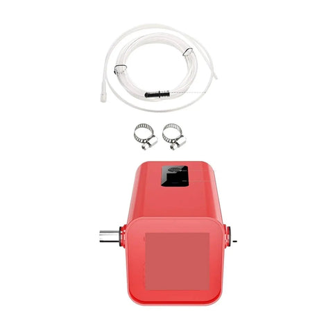 Haul Off Old Auto Fluids With This Super Cool 60W Portable Car Oil Pump featuring red body, flexible hoses, and clamps for efficient cooling.