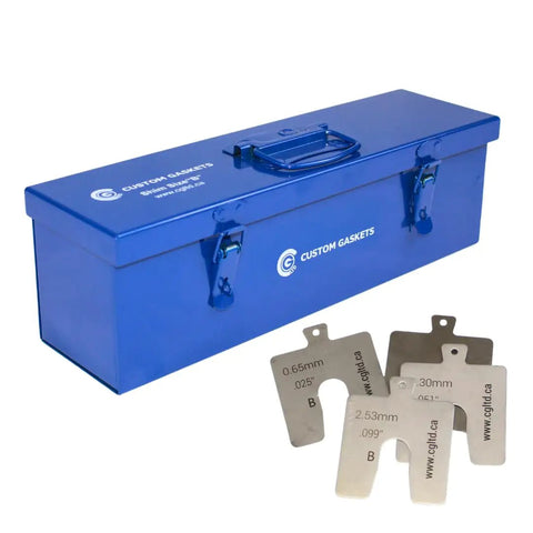 Pro Grade Stainless Steel Slotted Shim Kit 3x3 Inch Size B Pack Of 130 Shims With 0.001 To 0.125 Inch Thicknesses 304 Stainless Rust Resistant With 0.8x1.8 Inch Slot displayed with blue storage box