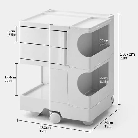 Hella Steady Multipurpose Utility Storage Cart With Smooth Swivel Wheels Crafted From Tough Abs Plastic For Organizing Living Room Bedroom Or Office Space, dimensions displayed.
