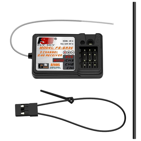 GR3E 2.4G Three Channel RC Receiver For AFHDS 1A Transmitters with cables and antenna.