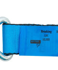 Close-up of Heavy Duty Ratchet Straps 2 Inch By 30 Feet 10 Pack With Wire Hooks Blue Tie Downs with 10,000 Lb Break Strength and specs.
