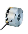 Front view of a 24V DC electromagnetic brake, 2.0 Nm torque, metal housing with wires.