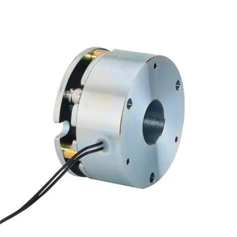 DC electromagnetic brake, 24V, silver housing with circular flange and 4 mounting holes, side wiring