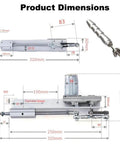 Side view of DC24V reciprocating linear actuator, silver aluminum body, 310 mm length, M6 rod-end screw