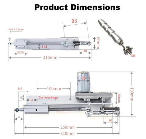 Side view of DC24V reciprocating linear actuator, silver aluminum body, 310 mm length, M6 rod-end screw