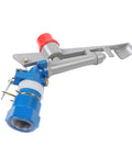 One Inch Aluminum Alloy Agriculture Irrigation Sprinkler Head Built Like A Tank For Rugged Outdoors Large Scale Farming And Heavy Duty Landscaping Rig With Adjustable Spray Angle, gray and blue metal design.