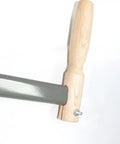 Close-up of S-shaped wooden handle of Traditional Scythe With 23.2 Inch Blade And S Shaped Wooden Handle For Grass And Grain Cutting 65 Steel