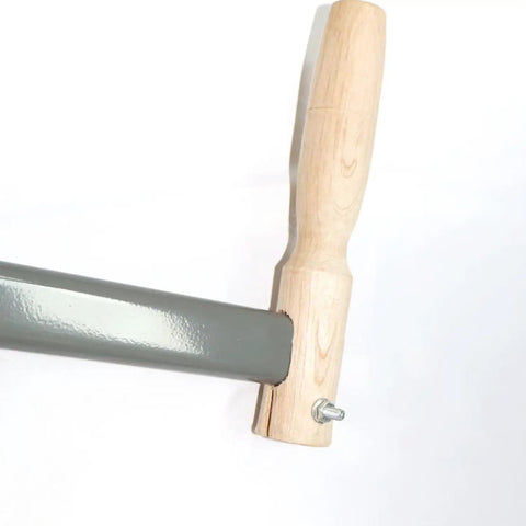 Close-up of S-shaped wooden handle of Traditional Scythe With 23.2 Inch Blade And S Shaped Wooden Handle For Grass And Grain Cutting 65 Steel