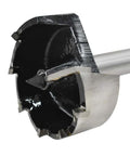 Close-up view of Two And One Eighth Inch Carbide Tipped Multi Spur Bit Built Tough Pro Grade Heavy Duty Drill Bit blade and tip