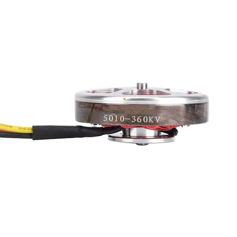 Close-up side view of Heavy Duty Brushless Motor 5010 360KV For Outdoor Multi Axis Loads With Hollow Cover And Double Bearings Low KV Power High Torque Performance Resin Stator Coating For Superior Heat Dissipation And Efficient Cooling.