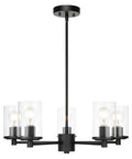Bold Black Five Light Adjustable Pendant Chandelier With Glass Shades For Dining Rooms And Kitchens, Model XB-C1240-5-MB