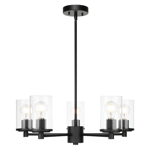 Bold Black Five Light Adjustable Pendant Chandelier With Glass Shades For Dining Rooms And Kitchens, Model XB-C1240-5-MB