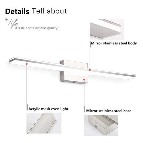 30 Inch Vanity Light Bar Over Mirror LED Chrome Bathroom Lighting 16W 6000K Cool White Acrylic Wall Fixture with steel body/base