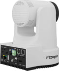 Straight Fire Bundle Featuring Five 4K PTZ Cameras With 20x Optical Zoom And SDI HDMI USB IP Support Plus One Smooth Joystick Controller And Five White Wall Mounts For Streamers, showing detailed camera back with ports.