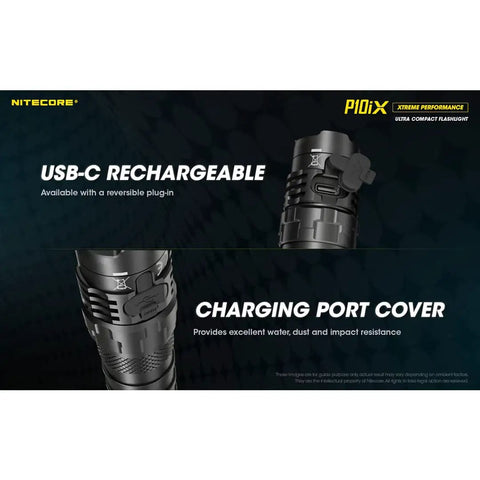P10iX Tactical Flashlight Floodlight 4000 Lumen Beam With USB C Rechargeable Power and charging port cover details.