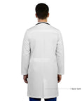 Back view of White Unisex Lab Coat Ultra Comfortable Poly Cotton Blend 37 Inch Professional Coat With Notched Lapel Four Button Closure Durable Soft Labwear X Large, showing back vent.