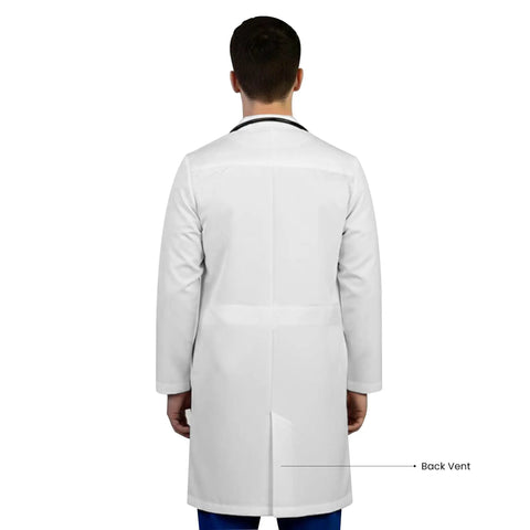 Back view of White Unisex Lab Coat Ultra Comfortable Poly Cotton Blend 37 Inch Professional Coat With Notched Lapel Four Button Closure Durable Soft Labwear X Large, showing back vent.