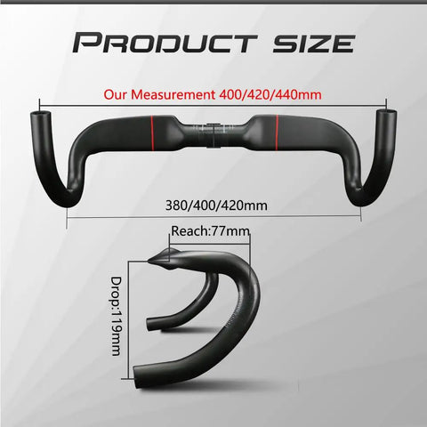 Carbon Road Bike Drop Bars 400mm 31.8mm UD Matte, Internal Routing, 119mm Drop, 77mm Reach with measurements illustration