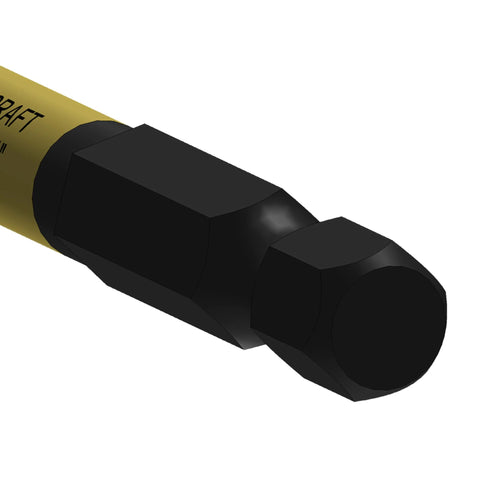 Close-up of One Quarter Inch Shelf Jig Bit With Quick Connect Shank For Drills And Drivers, Pro Grade High Speed Steel for clean holes.