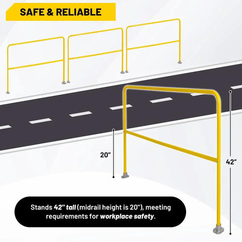 Heavy Duty Industrial Safety Railing 72 Long By 42 High Rock Solid Steel Pipe Guardrail with 20" midrail for workplace safety.