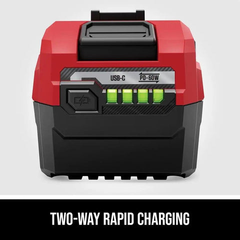 Heavy Duty Dual Purpose Beast Mode 12 Volt 4 Amp Hour Lithium Ion Power Tool Battery With 60W Usb Type C Pd Rapid Charging Port front view with LED fuel gauge.