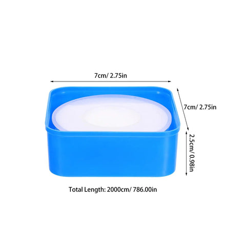 Top Shelf PTFE Adhesive Seal Tape 10 Rolls Of Water Leak Repair Wrap For Pipes And Threads Gonna Save Ya Time With This Ninja Tight DIY Plumbing Fix Daily in blue container with dimensions.