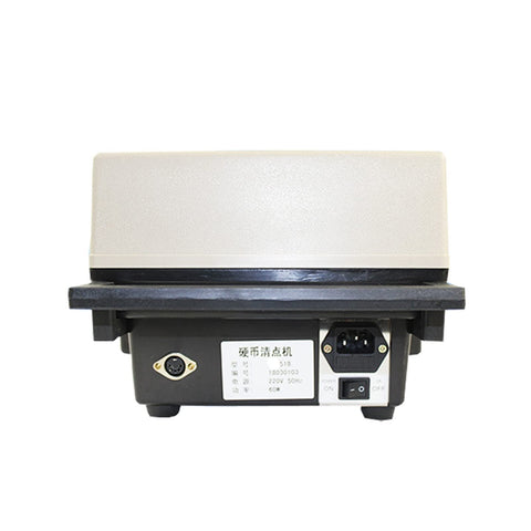 Electronic Coin Counter Sorter And Wrapper, back view showcasing control panel and power connections.