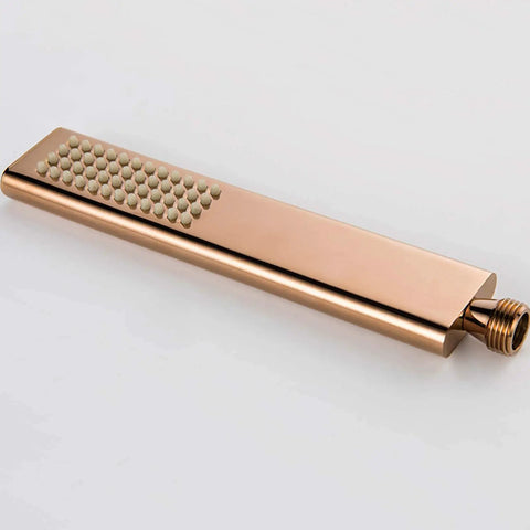 Top Shelf Wall Mounted Rain Shower Combo Set With Smooth Handheld Sprayer And Bathtub Faucet Featuring Sleek Rose Gold And Matte Black Finish For A No Sweat Bathroom Upgrade - rose gold handheld sprayer with textured surface.
