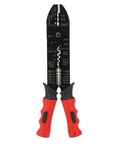 Multi Function Terminal Crimping Tool With Stripper and Wire Cutter with ergonomic red and black grips, carbon steel blades