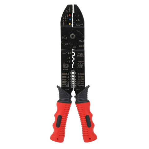 Multi Function Terminal Crimping Tool With Stripper and Wire Cutter with ergonomic red and black grips, carbon steel blades