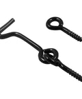 Heavy Duty 2 Inch Black Hook And Eye Latches, 6 Pack Cabinet Door Hardware, close-up of sturdy black zinc latches for gates and windows.