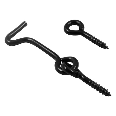 Heavy Duty 2 Inch Black Hook And Eye Latches, 6 Pack Cabinet Door Hardware, close-up of sturdy black zinc latches for gates and windows.